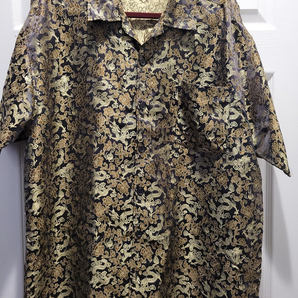 XL Men's Chinese dragon button-down shirt, shiny shimmering Brocade-style fabric